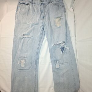 Baggy OTB Men's Vntg Y2k Distressed White Washed  Denim Jeans 36x32
